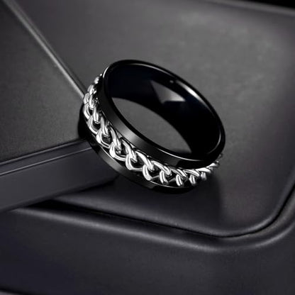 Mens Fidget Rings Anxiety Ring for Men 6mm 8mm Chain Spinner Ring Size 5-14 - color: Black Silver