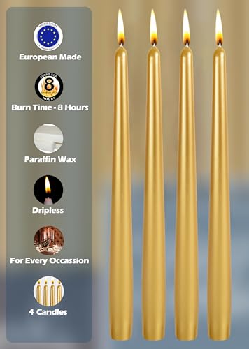 Hyoola Tall Taper Candles - 10 Inch Metallic Gold Unscented Dripless Taper Candles - 8 Hour Burn Time - 4 Pack - color: Metallic Gold, size: 10 Inch