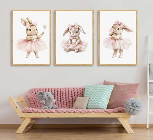 3pcs Pink Bunny Nursery Wall Art Girls Room Wall Decor 12x16in Unframed - color: Pink, size: 12x16 Posters