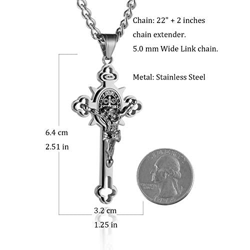 HZMAN Stainless Steel St. Benedict Crucifix Cross Necklace for Men - color: Large Silver