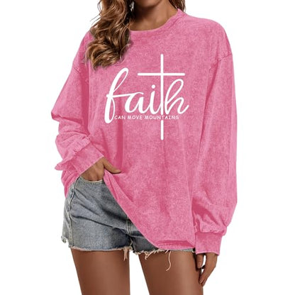 Christian Shirts for Women Faith Can Move Mountains Acid Wash Shirt Jesus Religious Bible Verse Long Sleeve Top - color: Pink, size: Large