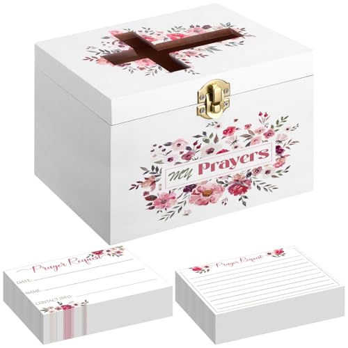 Croblissful Prayer Request Box with 100 Pcs Prayer Cards, Wooden, Flowers - style: Flowers