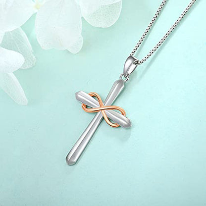 STARCHENIE Infinity Cross Necklace for Women Sterling Silver Polished Cross Pendant Crucifix Jewelry - color: Silver & Rose Gold
