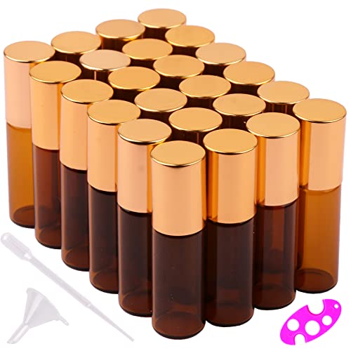 MaxMau 24 Pack 5ml Amber Glass Roller Bottles for Essential Oils,Roll on Bottle with Stainless Steel Roller Balls Golden Painted Caps for Daily Aromatherapy Sample Test Travel - color: 24 PACK Amber Roller Bottles