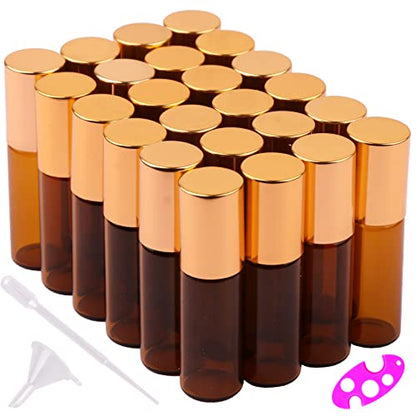MaxMau 24 Pack 5ml Amber Glass Roller Bottles for Essential Oils,Roll on Bottle with Stainless Steel Roller Balls Golden Painted Caps for Daily Aromatherapy Sample Test Travel - color: 24 PACK Amber Roller Bottles
