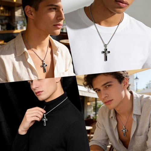 OLEVS Men's Cross Pendant Necklace Large Stainless Steel Cross Pendant Necklace for Men Women - color: black silver
