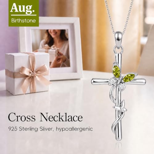 Distance Cross Necklace for Women 925 Sterling Silver Jewelry Pendant Necklace for Mom Wife Gift for Mother's Day or Birthday - style: 08-Peridot