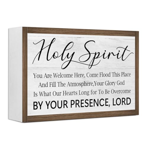 Ruvoty Holy Spirit You Are Welcome Here Bible Verse Wooden Box Sign Desk Decor,Rustic Scripture Wood Block Plaque Sign for Christian Farmhouse Home Office Shelf Tabletop Wall Decor