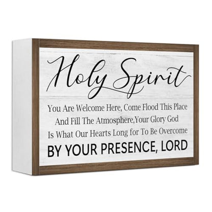 Ruvoty Holy Spirit You Are Welcome Here Bible Verse Wooden Box Sign Desk Decor,Rustic Scripture Wood Block Plaque Sign for Christian Farmhouse Home Office Shelf Tabletop Wall Decor