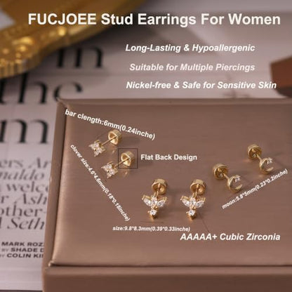 Flat Back Earrings - 14K Gold Plated Tiny CZ Butterfly Cross Moon Flat Back Stud Earrings Dainty Cartilage Earring Set Hypoallergenic Helix Earrings for Women Trendy Tragus Piercing Jewelry - color: Gold-Set3