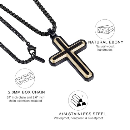 Wooden Cross Necklace for Men With Stainless steel And Black Ebony Adjustable Box Chain 24–26 inches Suitable for Everyday Wear And Christian Gifts for Men - color: Gold-D