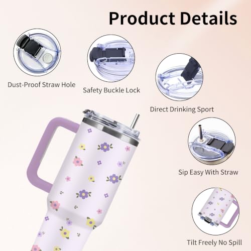 Purple Floral 40oz Tumbler with Handle Straw, Cute Flower Gifts for Women - color: Floral1
