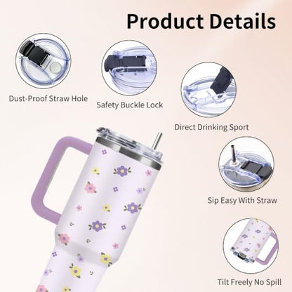 Purple Floral 40oz Tumbler with Handle Straw, Cute Flower Gifts for Women - color: Floral1