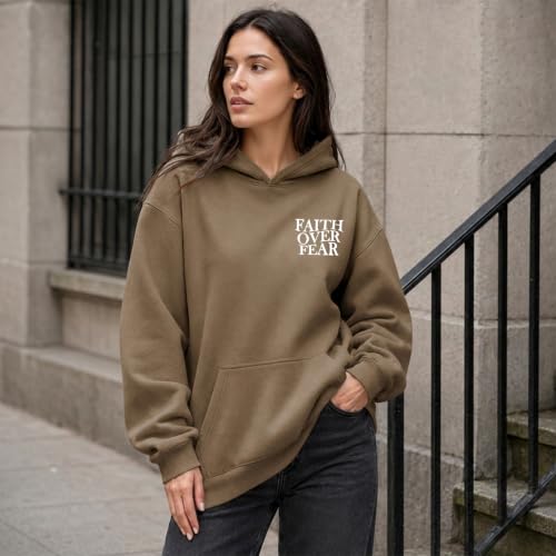 Wrenpies Faith Over Fear Hoodie for Women Christian Jesus Bible Verse Sweatshirt God Religious Oversized Tops - color: Coffee, size: X-Large
