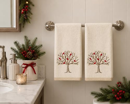 Christmas White Guest Hand Bathroom Towels, Winter Cardinal Tree, 16x26" - color: Cardinal Tree
