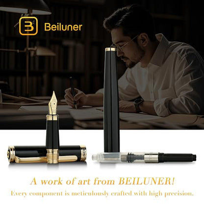 BEILUNER Black Fountain Pen,Stunning Luxury Pens with 24K Gold Accents, Gorgeous 24K Gilded Nib(Extra Fine), Fancy Pen Gift for Men&Women -Ink Converter-Elegant, Reliable,Christmas Presents, Nice Pen - color: Black&Gold, style: Extra Fine Nib