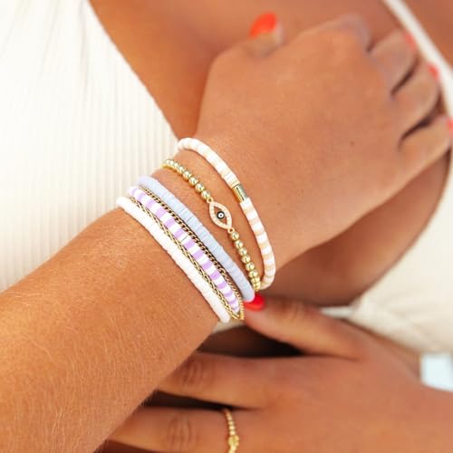 Gold Bracelets for Women 14K Gold Plated Bead Bracelet Hypoallergenic Stretch Bracelets for Women Elastic Bracelet Trendy Teen Gift Dainty Jewelry for Women - style: Evil Eye