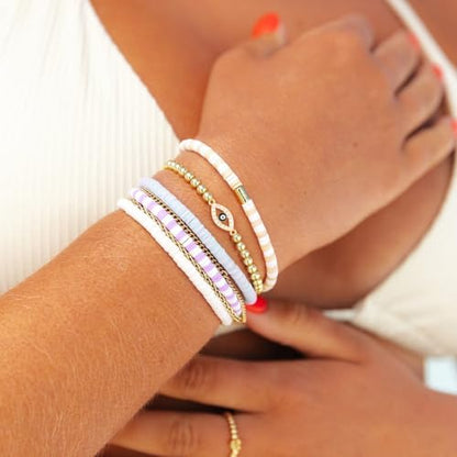 Gold Bracelets for Women 14K Gold Plated Bead Bracelet Hypoallergenic Stretch Bracelets for Women Elastic Bracelet Trendy Teen Gift Dainty Jewelry for Women - style: Evil Eye