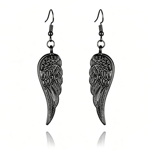 coadipress Angel Wing Earrings for Women Unique Silver Plated Fairy Feather Guardian Dangle Drop Hook Earrings Jewelry - color: Black Light Wing