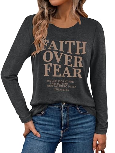 Christian Shirts for Women: Faith Over Fear T Shirt Religious Graphic Tee Bibel Verse Long Sleeve Tops - color: Grey, size: XX-Large