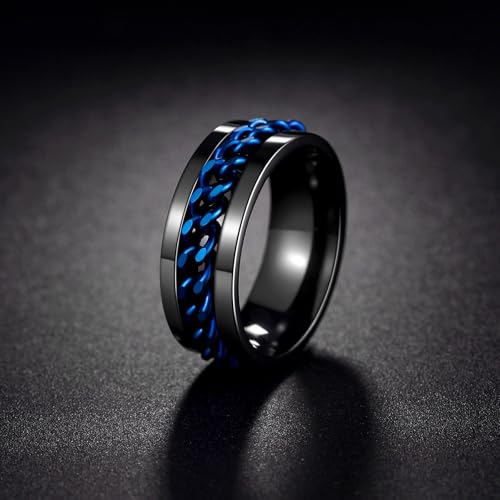 Mens Fidget Rings Anxiety Ring for Men 6mm 8mm Chain Spinner Ring Size 5-14 - color: Black Blue