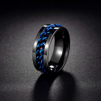 Mens Fidget Rings Anxiety Ring for Men 6mm 8mm Chain Spinner Ring Size 5-14 - color: Black Blue