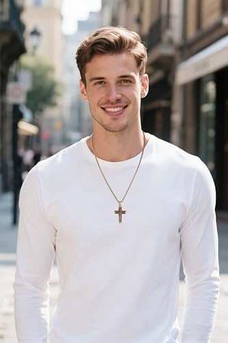 Wooden Cross Necklace for Men With Stainless steel And Black Ebony Adjustable Box Chain 24–26 inches Suitable for Everyday Wear And Christian Gifts for Men - color: Gold-C