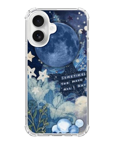 Blue Moon Sky Stars Aesthetic Phone Case Compatible with iPhone 17, Celestial Flowers Phone Cover for iPhone 17 - color: Blue Moon Sky