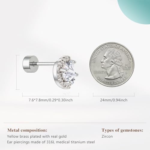 Cicy Bell Womens Flat Back Stud Earrings 18K Gold Plated Hypoallergenic - color: Silver,Heart Zircon B