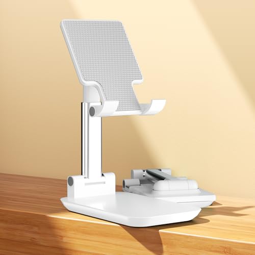 Cell Phone Stand,Adjustable Angle Height Phone Stand for Desk,Fully Foldable/Portable Phone Holder with Silicon Pad for iPhone 16/15/14/13/12/Smartphones,All Mobile Phones (White) - color: White