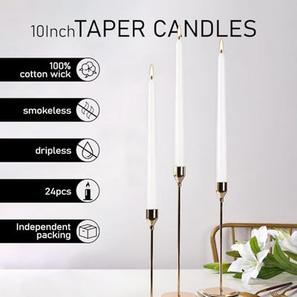 24 Pack 10 Inch White Taper Candles, Unscented Dripless - color: white-10"24pcs