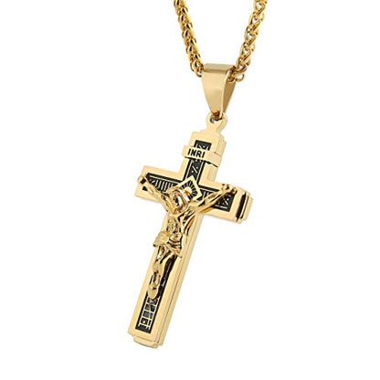 HZMAN Catholic Jesus Christ INRI Cross Crucifix Pendant Necklace for Men - color: Gold
