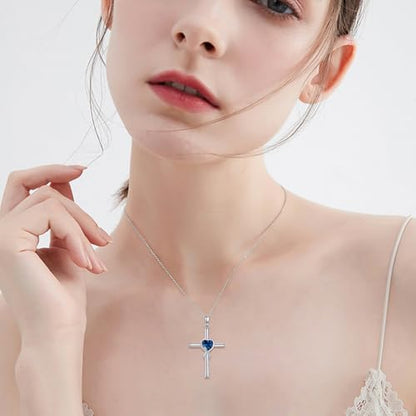 S925 Sterling Silver Cross Necklace for Women Birthstone Necklace Heart Infinity Cross Pendant Necklace Christmas Valentines Day Gifts Birthday Holiday Gifts for Her, 18"+2" Inches - color: 09-Sep Birthstone - Blue Sapphire