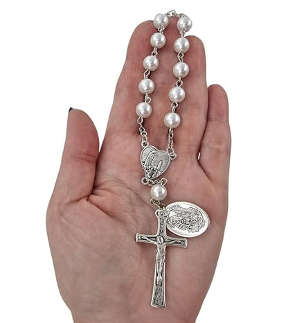 TALISMAN4U St. Michael Guardian Angel Medal Rosary for Car Rearview Mirror - color: White Rosary Beads