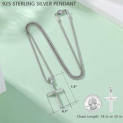 Small Dainty Cross Pendant Necklace 925 Sterling Silver for Women with 18", 20" Sturdy Chain 14K White Gold Plated - size: 20" Chain, style: Chamfered
