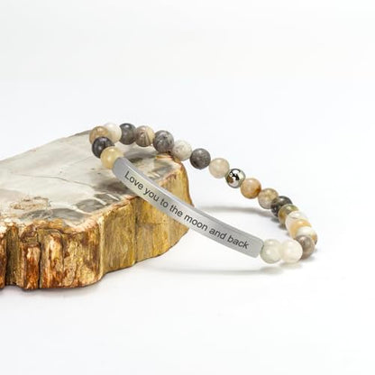 Inspirational Christian Bracelet for Women, Bamboo Leaf Agate Beaded Bible Verse Jewelry, 18K Gold Plated Religious Faith Gift, Scripture Encouragement Jewelry for Her - color: Love you to the moon and back-Bamboo Agate Silver
