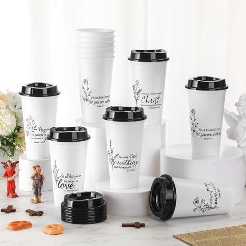 12 Pcs Fathers Day Cups Bulk Christian Gifts Plastic Reusable Coffee Cups with Lid 16 oz Inspirational Bible Verse Tumbler Religious Gift for Men Dad Church Sunday School(Black and White) - color: Black/White