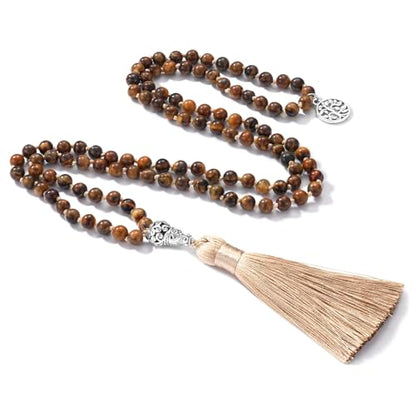 INBLUE 108 Mala Prayer Beads Wrap Necklace with Long Tassel Boho Necklace for Women Amazonite Bead Bracelet with Spiritual Tree of Life Pendant 108 Beads Necklace for Meditation - color: Natural Tiger Eye