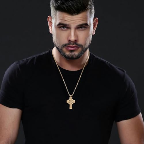 HZMAN Stainless Steel Celtic Cross Necklace for Men Women,Waterproof - color: Gold