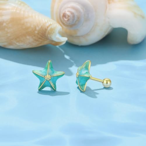 Cute Stud Earrings for Women Dachshund Koi Fish Sea Star Sea Turtle Sea Conch Earrings 14K Gold Plated Dainty Stud Earring funky Jewerly - color: Gold Sea Star