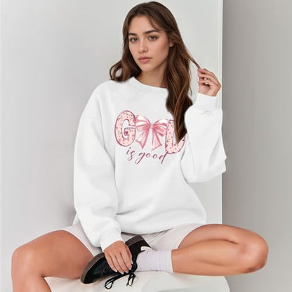 KEEVICI God Is Good Christian Sweatshirts for Women Bow Jesus Cute Bible Verse Sweatshirt Faith Religious Graphic Hoodies - color: White, size: X-Large