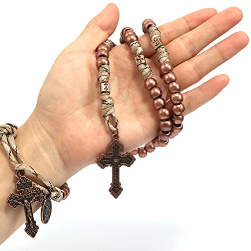 Nazareth Store Paracord Rosaries Set Alloy Beads Rugged Rosary Necklace and One Decade Rosary Strong and Heavy Corded with St.Michael, St. Joseph Pray for Us Medal with Pardon Crucifix - color: Antique Copper St. Michael Paracord Rosary Set with One Decad