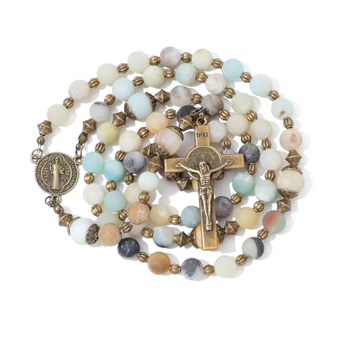 KOMI Catholic Gemstone Rosary Beads for Women - Holy Prayer Beads Necklace With Crucifix Cross