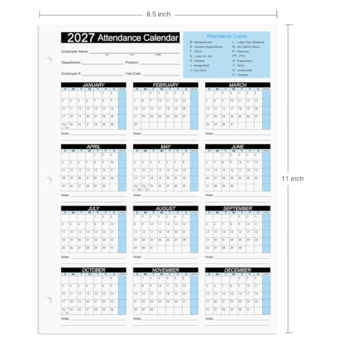 2027 Attendance Calendar Work Tracker Attendance Calendar Cards - 8.5 X 11 Cardstock/Pack of 25 Sheets