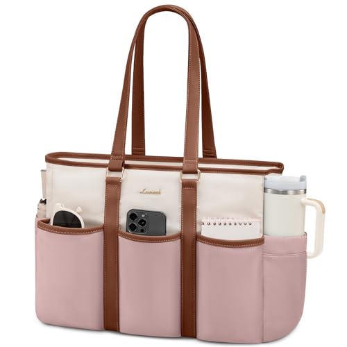 LOVEVOOK Tote Bag for Women Work With Large Cup Holder, 15.6 Inch Laptop Bag, Utility Everything Bag For Travel College Daily, Computer Purse Large Handbag With Multi Pockets - color: Pink-beige-brown, size: 15.6 Inch