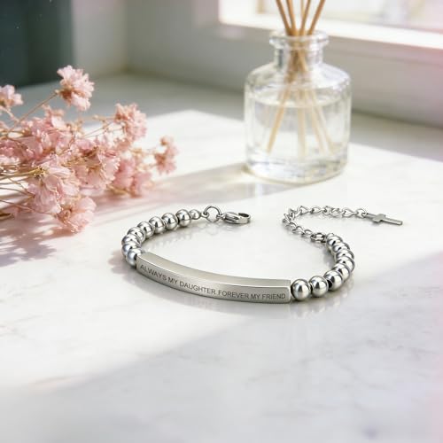 Inspirational Christian Bracelet for Women, Stainless Steel Beaded Cross Jewelry with Bible Verse, Religious Faith Gift for Mom, Daughter, Sister, Friend - color: ALWAYS MY DAUGHTER FOREVER MY FRIEND-Silver Bead