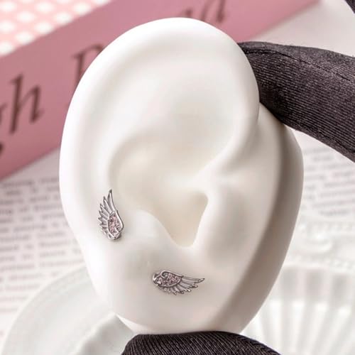 Angel Wing Earrings for Women Statement Flat Back Cartilage Stud Earrings Trendy Angel Wing Helix Piercing Stud Silver Cubic Zirconia Earring Jewelry Accessories - color: Hot Pink