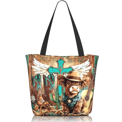 Funny Christian Tote Bags For Women With Zipper Christian Gifts For Work Gym Travel Beach Women With Large Capacity - color: Highland Cow