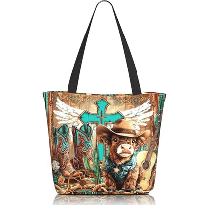 Funny Christian Tote Bags For Women With Zipper Christian Gifts For Work Gym Travel Beach Women With Large Capacity - color: Highland Cow