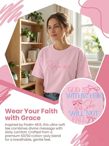 God is Within Her Jesus Oversized Shirts for Women Christian T-Shirt Religious Tee Bible Verse Inspirational Tops - color: Pink, size: Large